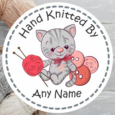39 Hand Knitted Personalised with Any Name Stickers cat Kitten Knitting Design, Craft, Gift Tags.
