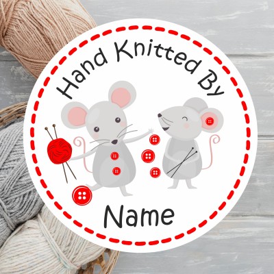39 Personalised Hand Knitted by Stickers, Gift Label, mice Design, Crafting