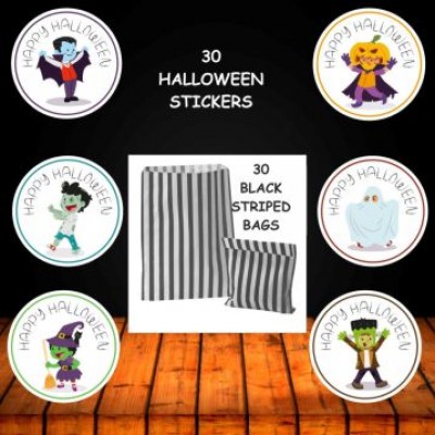 30 Happy Halloween Black Striped Bags & 30 Stickers Trick Or Treat Party 8815