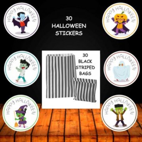 30 Happy Halloween Black Striped Bags & 30 Stickers Trick Or Treat Party 8815