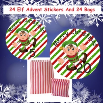 24 Elf Christmas Advent Calendar Stickers & 24 Paper Red Bags Boys or Girls