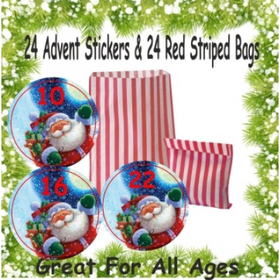 24 Father Christmas Advent Calendar Stickers & 24 Red Striped Bags
