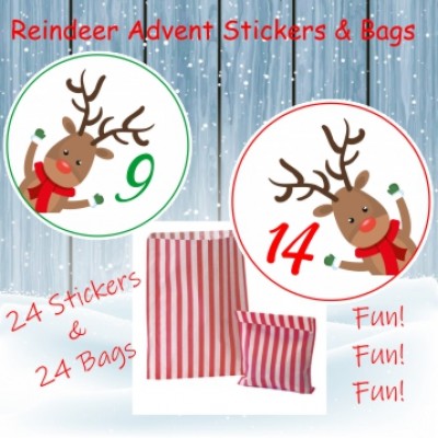 24 Christmas Advent Calendar Stickers & 24 Paper Red Bags Boys or Girls Reindeer 