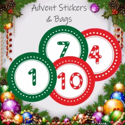 24 Advent Calendar Stickers & 24 Red Striped Bags for Boys or Girls Christmas