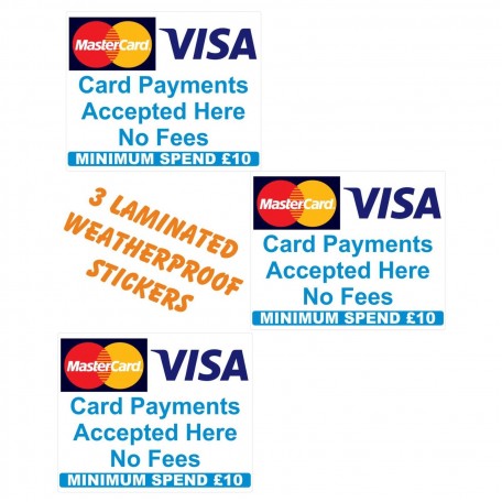 £10 Minimum spend Credit Card Mastercard Visa Payment Stickers x3 Shop Taxi