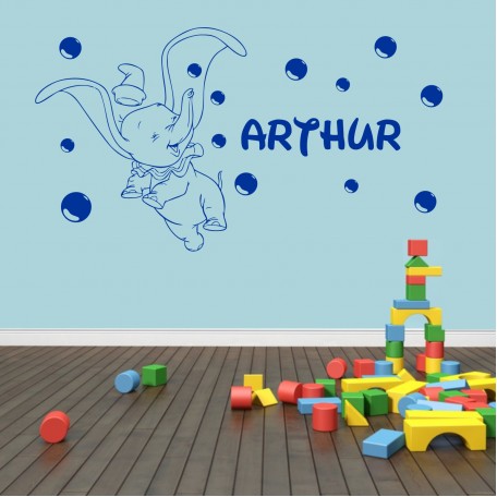 Childrens Personalised Dumbo Elephant and Bubbles  Vinyl Wall Art Decal Sticker
